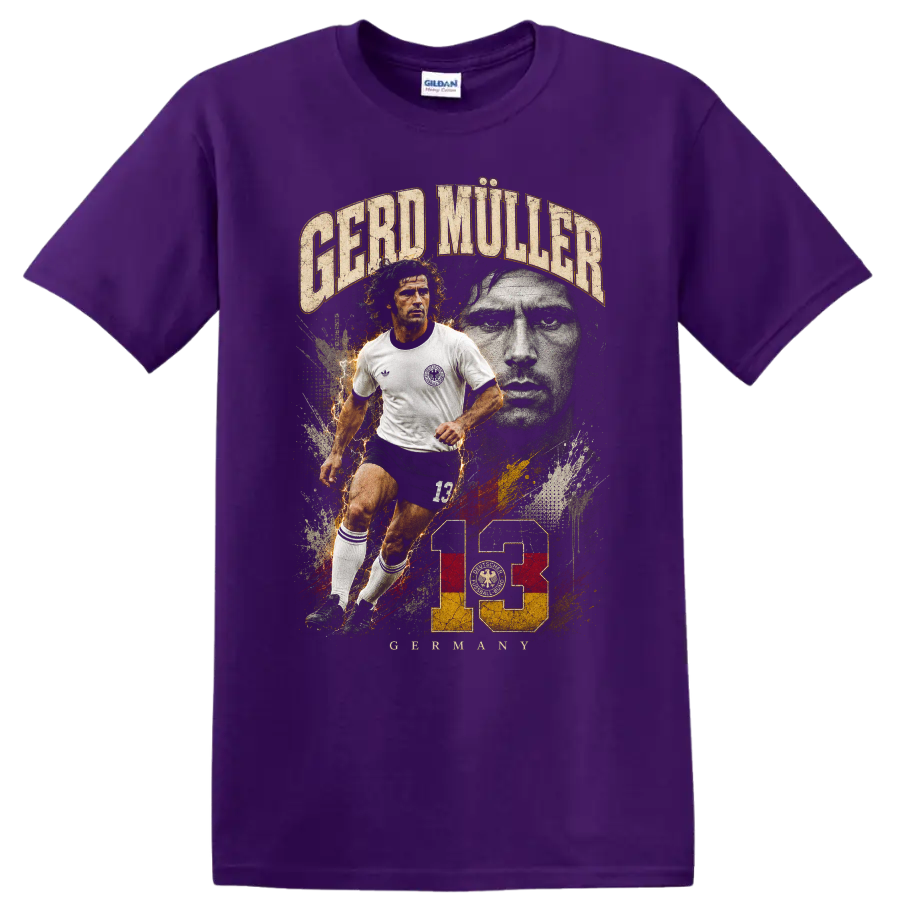 Gerd Müller soccer action portrait with distressed 13 vintage graphic on a Purple T Shirt
