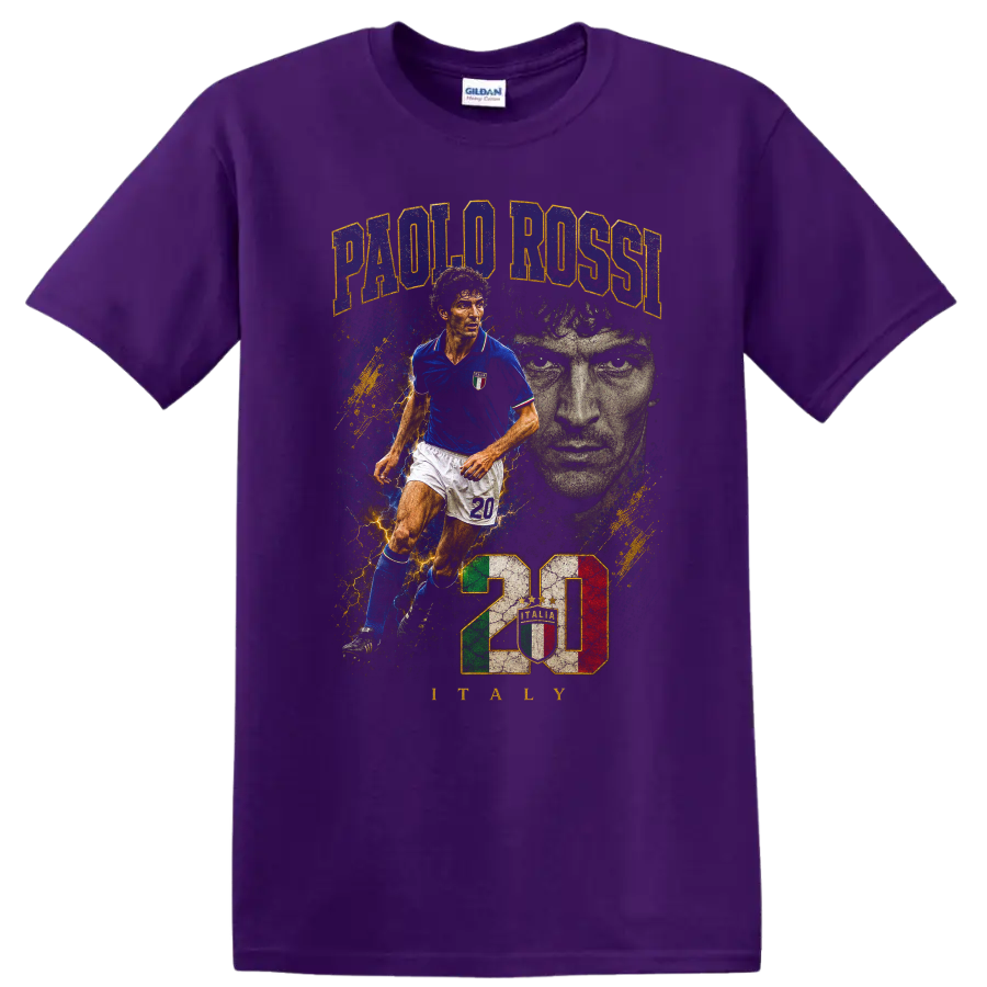 Paolo Rossi Italy soccer player vintage portrait and action graphic on a Purple T Shirt