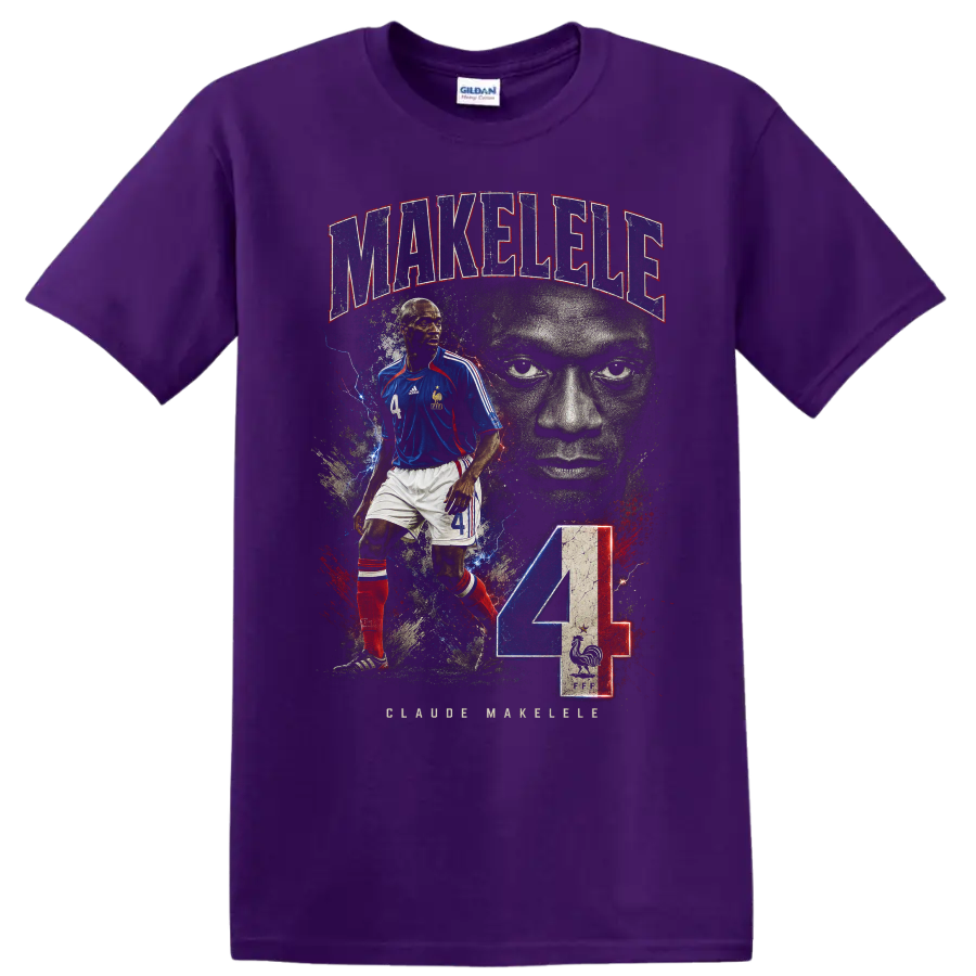 Claude Makelele France soccer portrait with MAKÉLÉLÉ text and number 4 on a Purple T Shirt