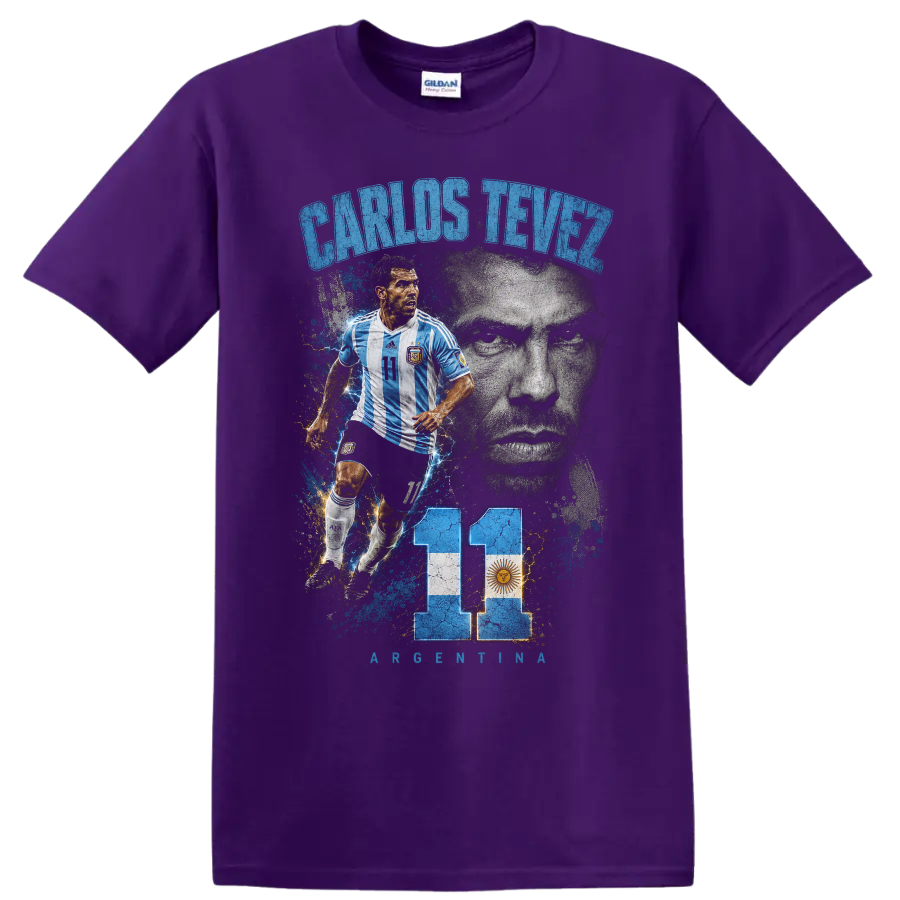 Carlos Tevez Argentina soccer portrait graphic with number 11 and flag on a Purple T Shirt