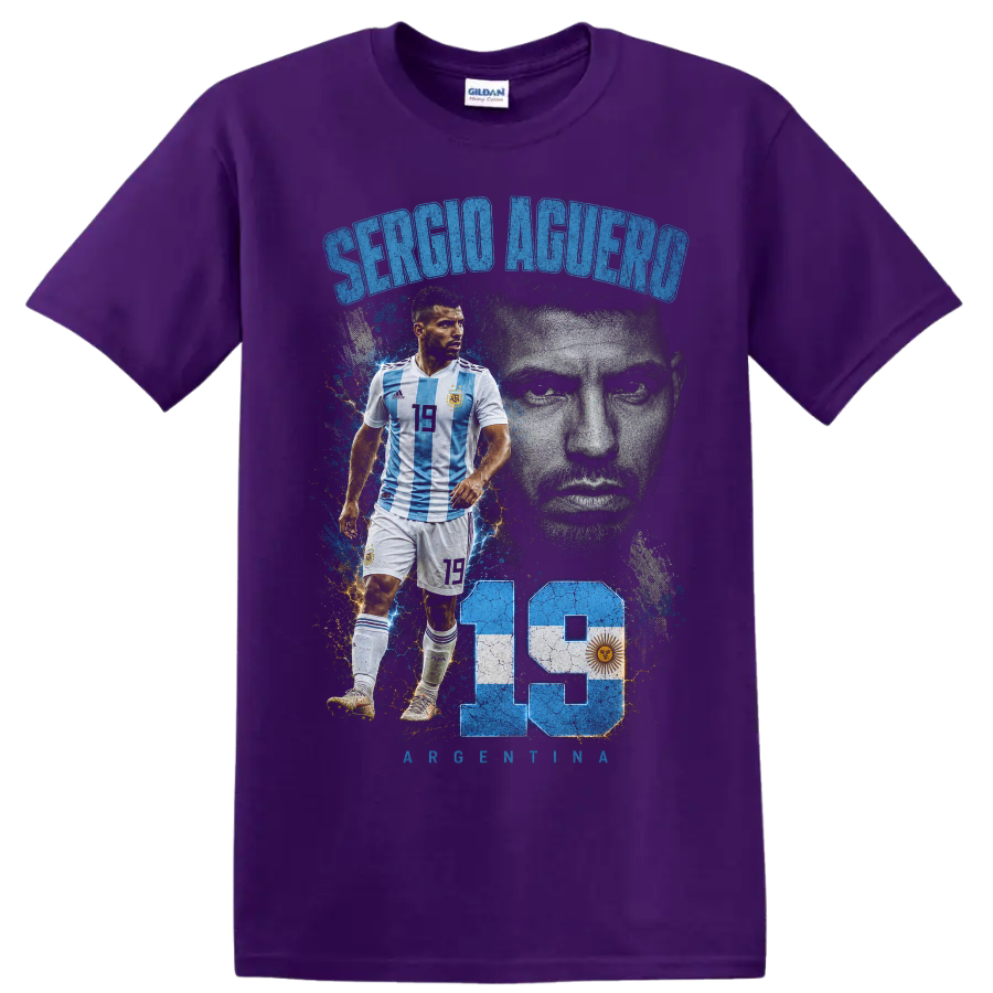 Sergio Agüero Argentina soccer tribute graphic with portrait and number 19 on a Purple T Shirt