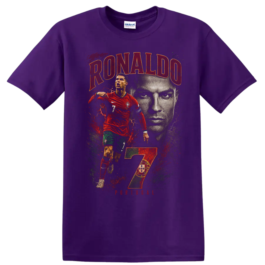 Cristiano Ronaldo Portugal soccer collage with RONALDO and number 7 on a Purple T Shirt