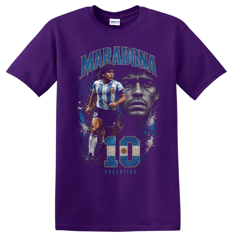 Diego Maradona Argentina soccer collage with number 10 graphic print on a Purple T Shirt