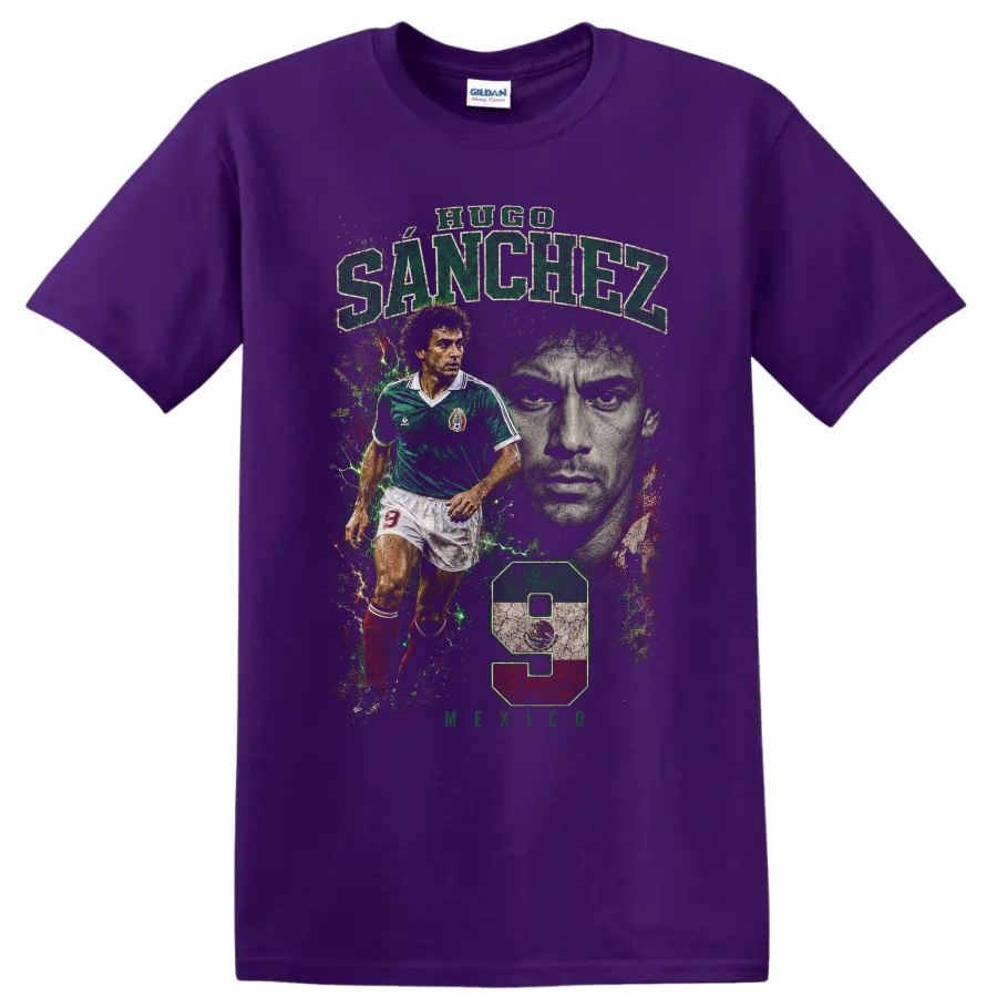 Hugo Sánchez Mexico soccer tribute graphic with number 9 on a Purple T Shirt