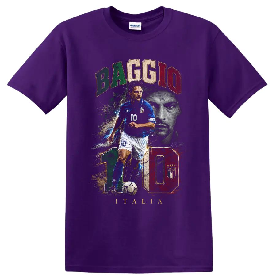 Roberto Baggio Italy soccer action portrait with number 10 graphic on a Purple T Shirt