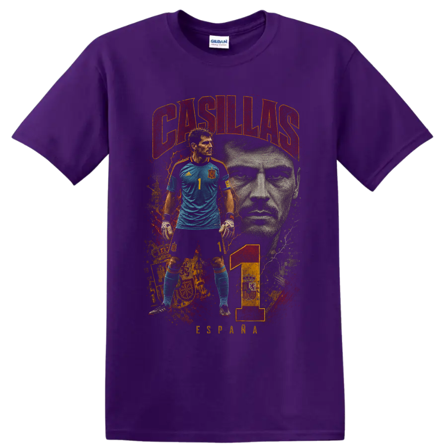 Iker Casillas Spain goalkeeper portrait with CASILLAS text and number 1 on a Purple T Shirt