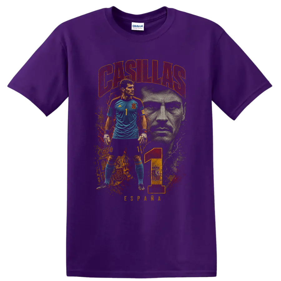 Iker Casillas Spain goalkeeper portrait graphic with number 1 on a Purple T Shirt