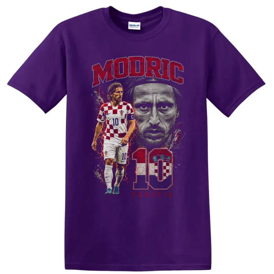 Luka Modric Croatia soccer portrait graphic with MODRIC and number 10 on a Purple T Shirt