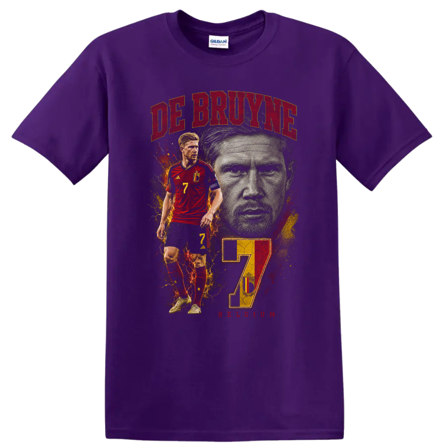 Kevin De Bruyne Belgium soccer graphic with DE BRUYNE and number 7 on a Purple T Shirt