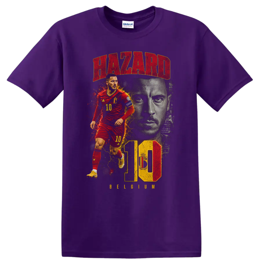 Eden Hazard Belgium soccer graphic with HAZARD, number 10, and BELGIUM on a Purple T Shirt