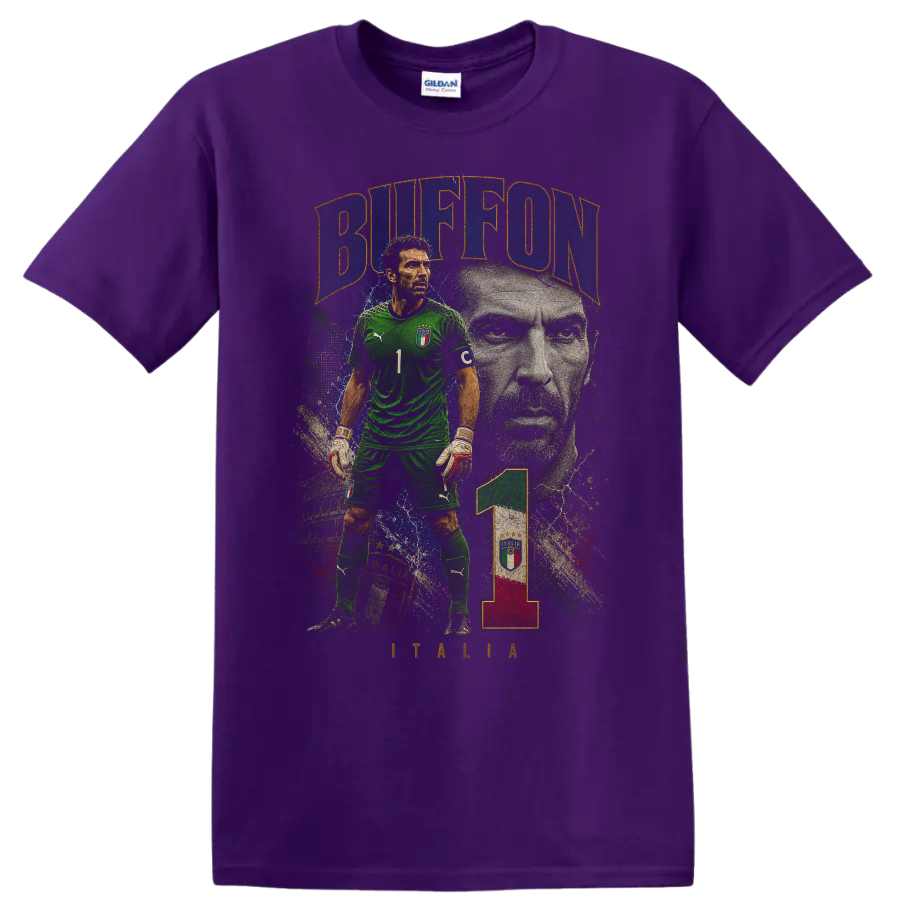 Gianluigi Buffon Italy goalkeeper portrait graphic with BUFFON text on a Purple T Shirt