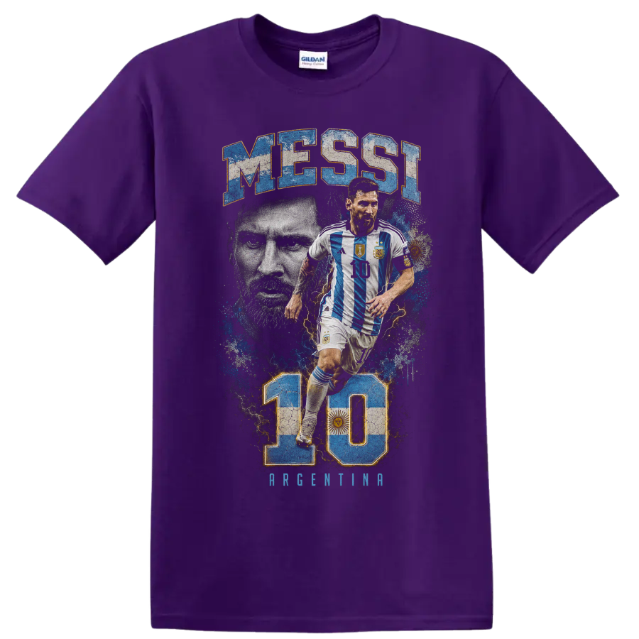 Lionel Messi Argentina number 10 soccer graphic with MESSI text on a Purple T Shirt