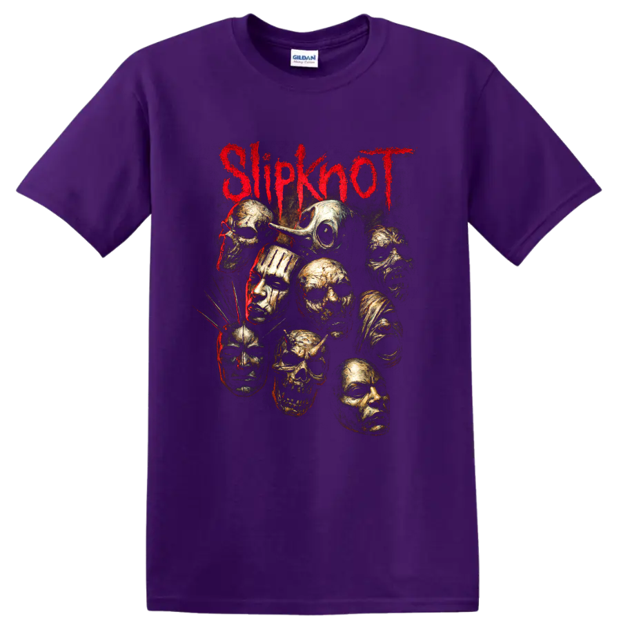 Slipknot red logo with distressed gold masks and skull-like faces on a Purple T Shirt