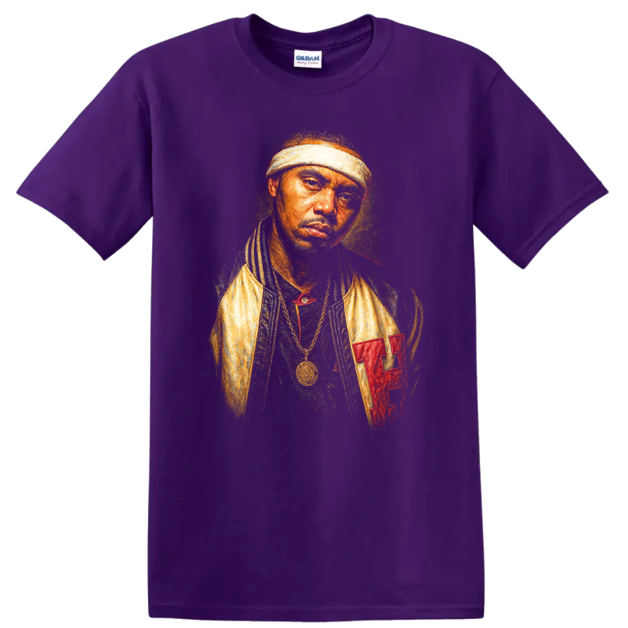 LL Cool J classic hip hop portrait graphic with headband and gold chain on a Purple T Shirt