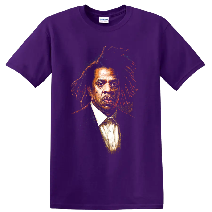 Jay-Z portrait graphic print with colorful painterly hip-hop textures on a Purple T Shirt