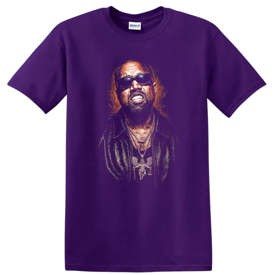 Kanye West stylized portrait with negative thermal-effect artwork on a Purple T Shirt