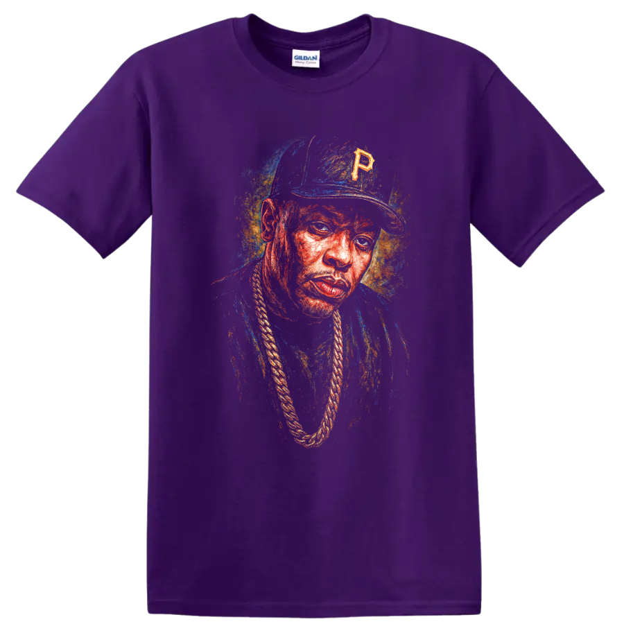 Oil-painted portrait of The Notorious B.I.G. in colorful hip-hop artwork on a Purple T Shirt