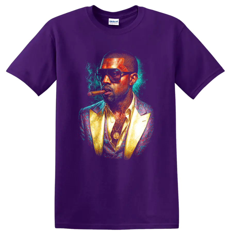 Stylized colorful portrait of Pitbull wearing glasses and a suit on a Purple T Shirt