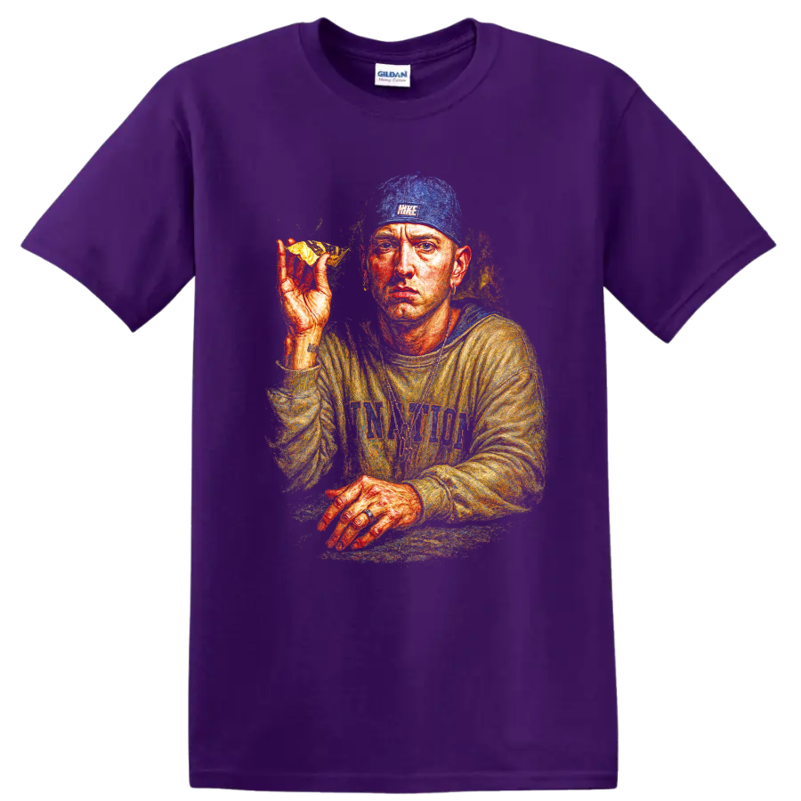 Eminem hip-hop portrait artwork with vivid illustrated colors on a Purple T Shirt