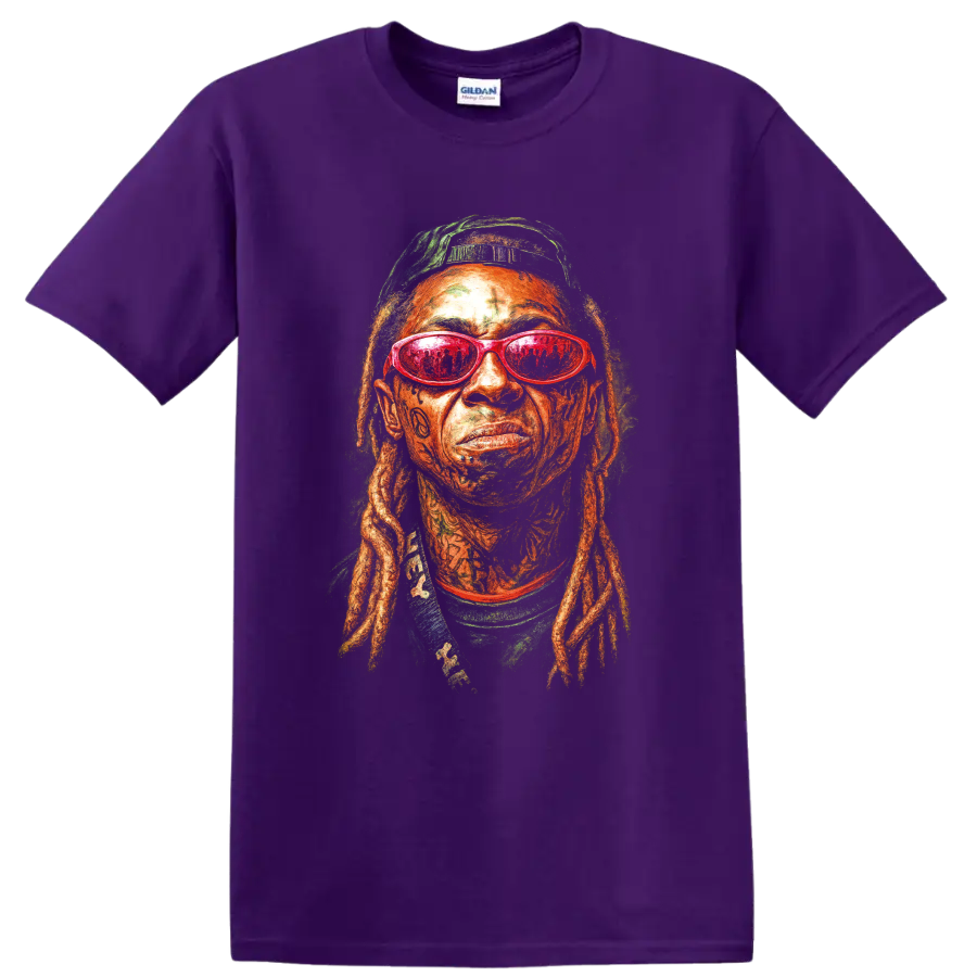Lil Wayne pop-art portrait with red sunglasses and detailed locs on a Purple T Shirt