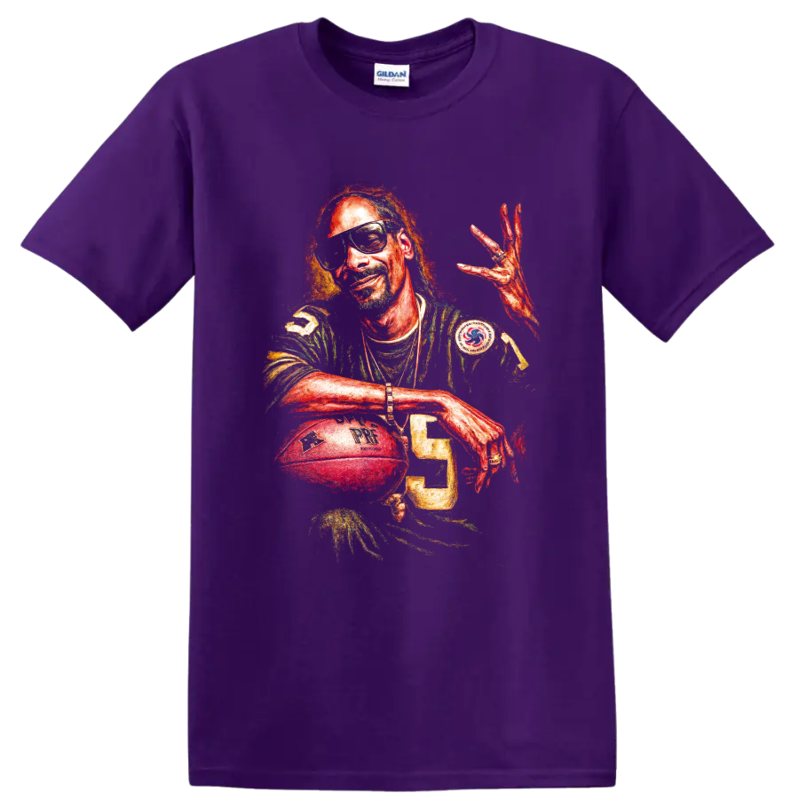 Snoop Dogg hip-hop portrait with football-inspired jersey and sunglasses on a Purple T Shirt