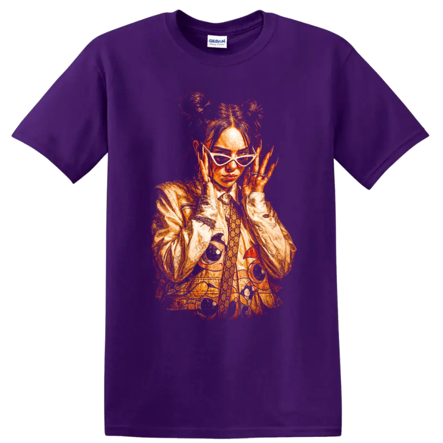 Billie Eilish fiery red-orange pop art portrait with sunglasses on a Purple T Shirt