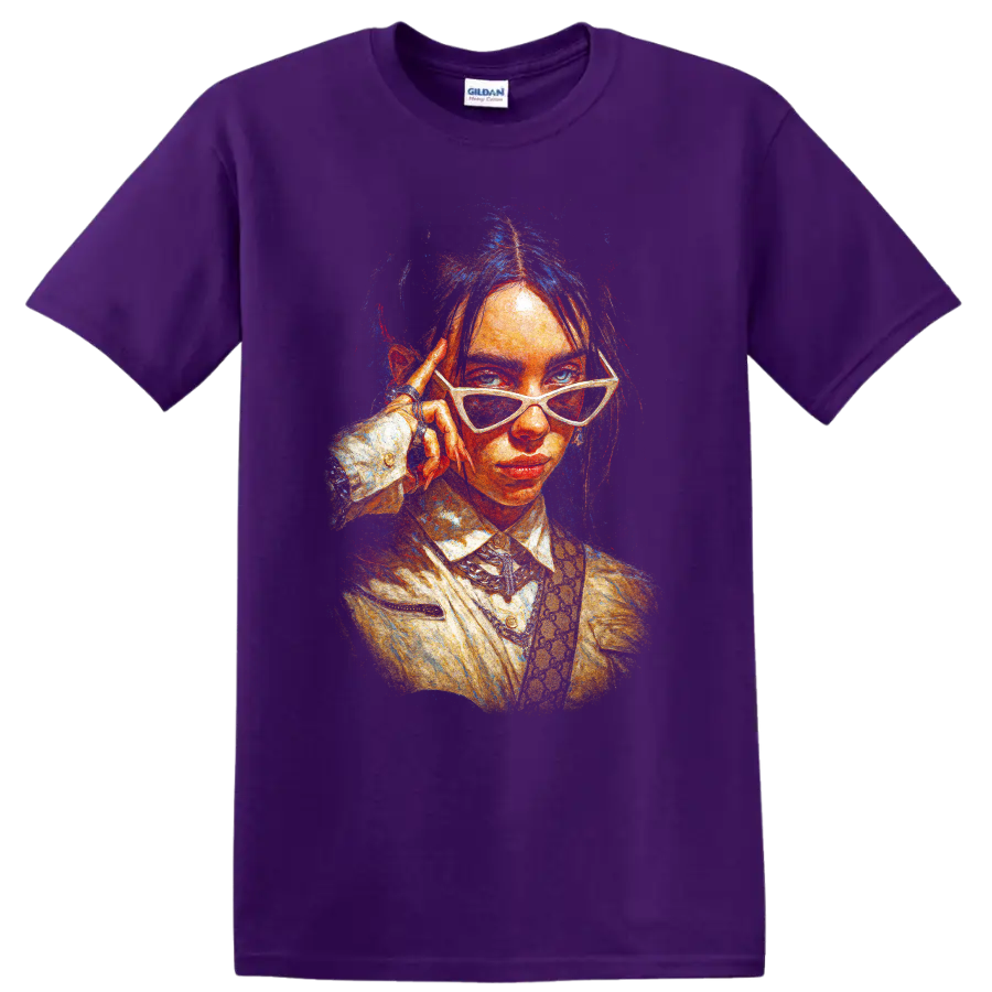 Billie Eilish stylized pop art portrait with white sunglasses on a Purple T Shirt