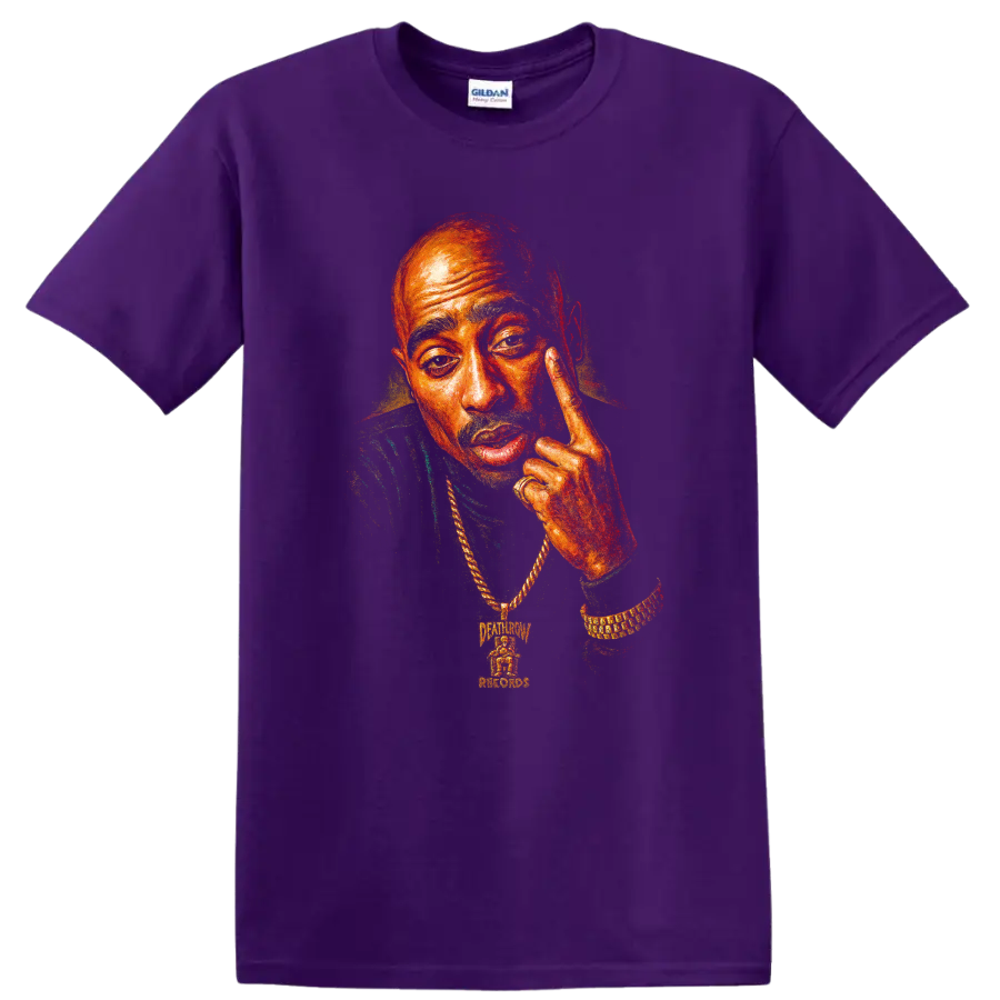 Tupac Shakur portrait in vivid red and orange hip-hop graphic style on a Purple T Shirt