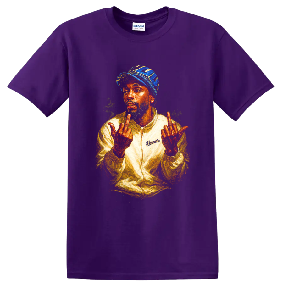 Tyler, the Creator color-pencil hip-hop portrait with raised hands on a Purple T Shirt