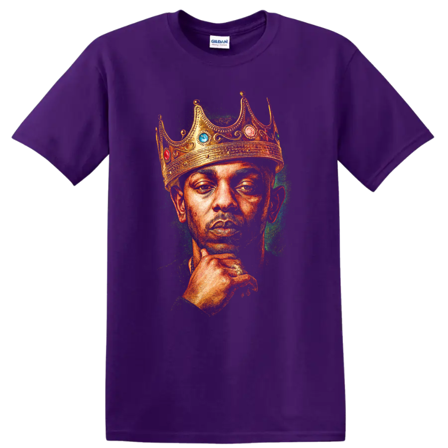 Kendrick Lamar crowned portrait graphic in vivid hip-hop illustration style on a Purple T Shirt