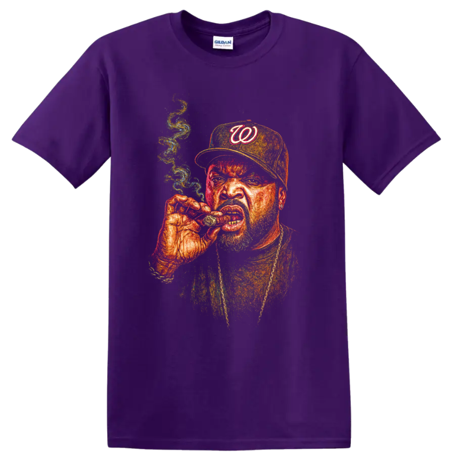 Ice Cube hip-hop portrait with Washington W cap and smoking pose on a Purple T Shirt