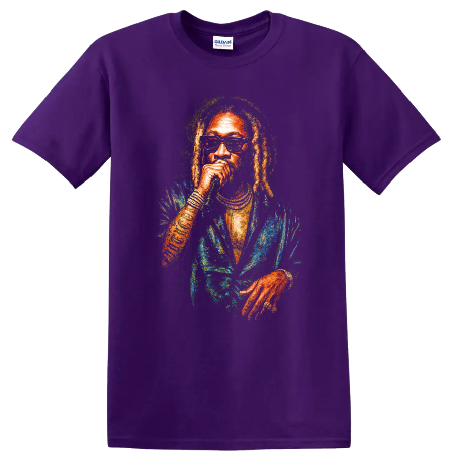Colorful Don Carlos Black Uhuru reggae portrait graphic with dreadlocks on a Purple T Shirt