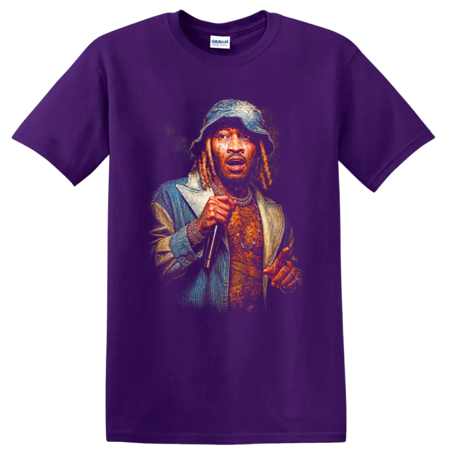 Shablizy King hip-hop album cover portrait with microphone and bucket hat on a Purple T Shirt