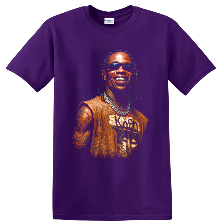 Stylized Travis Scott portrait with sunglasses and layered chains on a Purple T Shirt