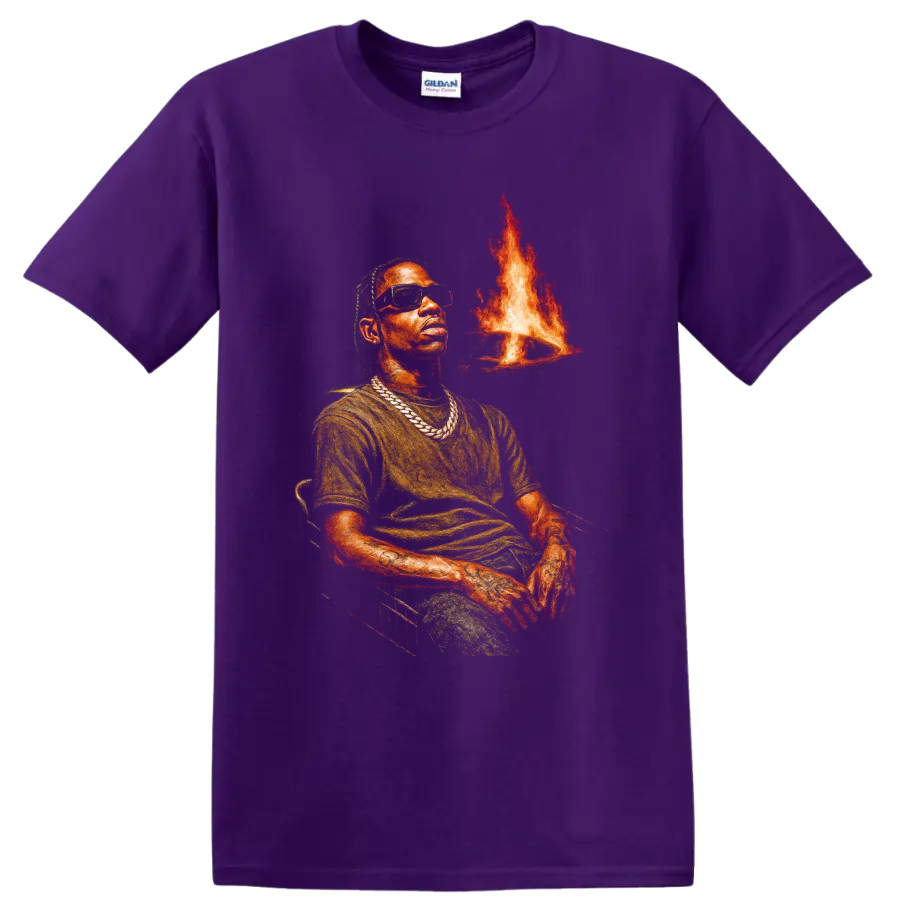 Travis Scott Utopia portrait graphic with sunglasses, chains, and flames on a Purple T Shirt