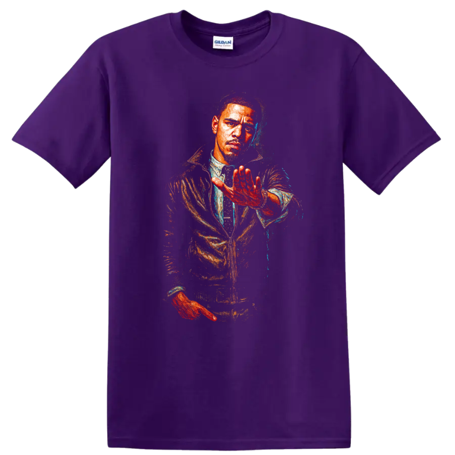 Common portrait in vivid distressed hip-hop graphic art on a Purple T Shirt