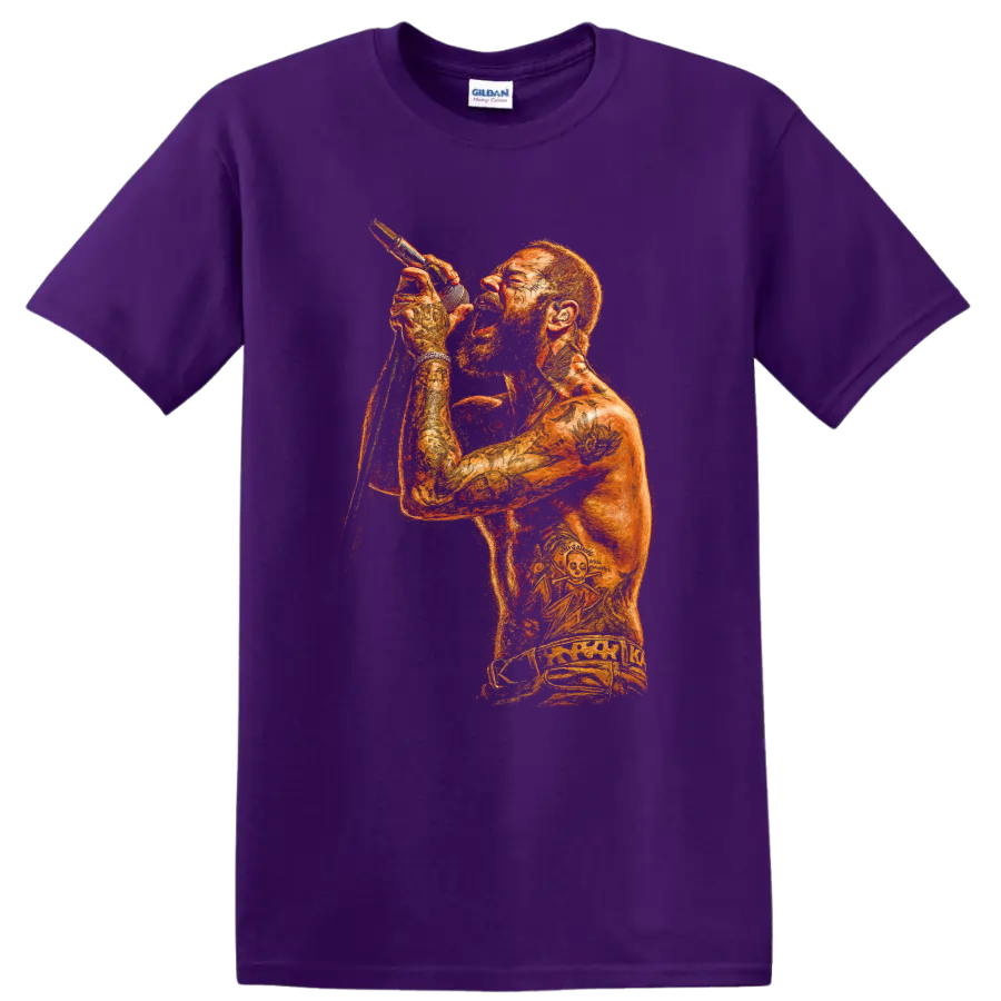Post Malone live performance portrait with microphone in fiery orange art on a Purple T Shirt