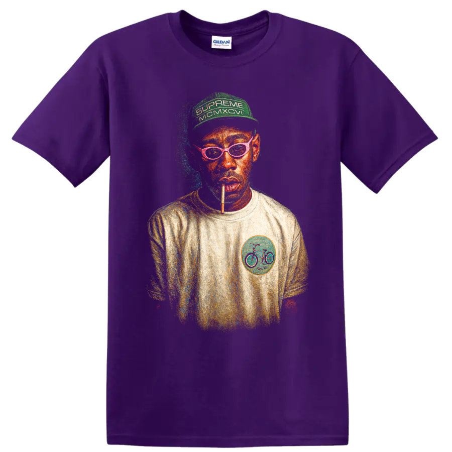Tyler, the Creator stylized portrait with green cap and pink glasses on a Purple T Shirt