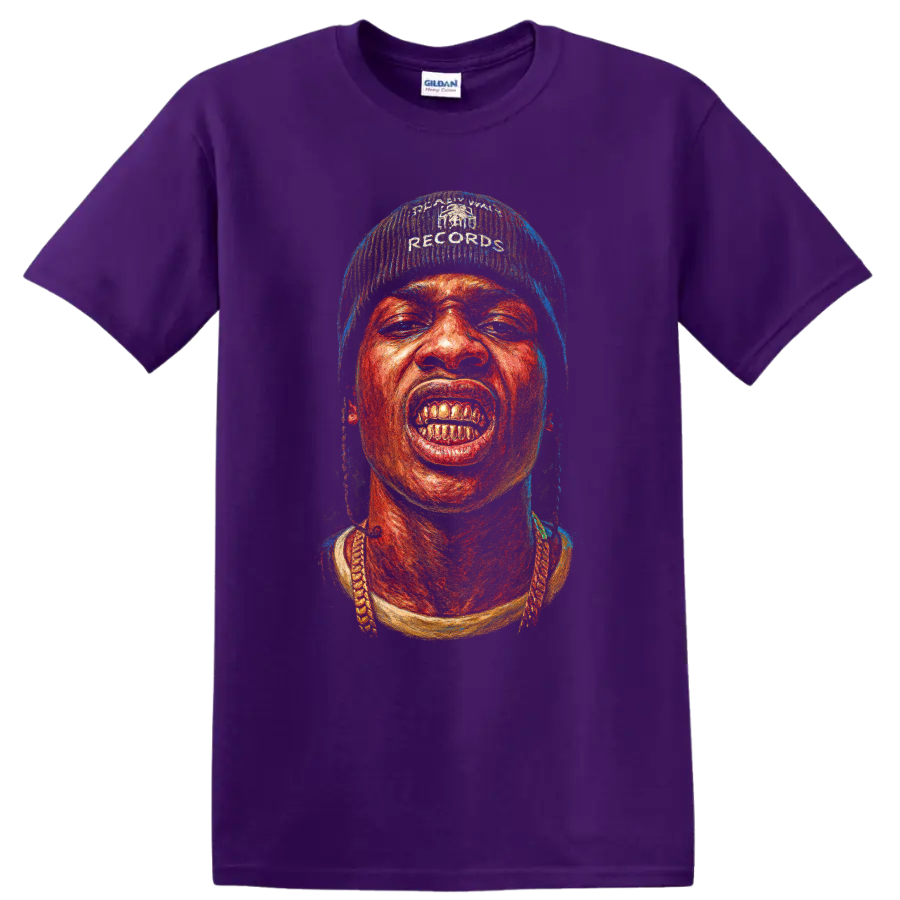 Travis Scott portrait graphic with gritty red and blue hip-hop artwork on a Purple T Shirt