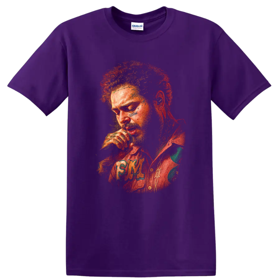 Boko Yout expressive red and green post-punk portrait graphic on a Purple T Shirt
