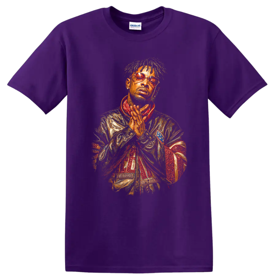 21 Savage stylized hip-hop portrait with tinted glasses and bold painted texture on a Purple T Shirt