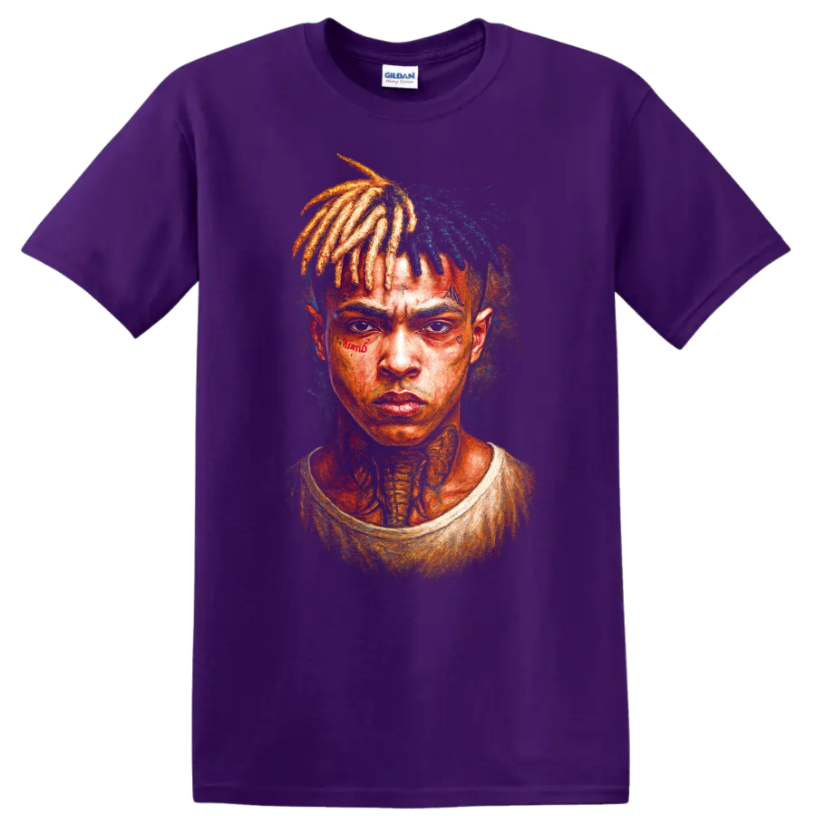 XXXTentacion portrait fan sketch with colorful dreadlocks on a Purple T Shirt