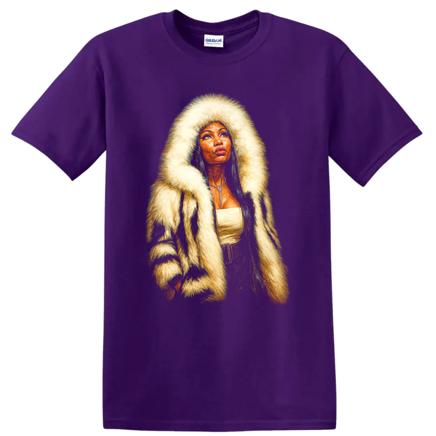 Nicki Minaj-inspired hip-hop portrait with dramatic fur hood on a Purple T Shirt