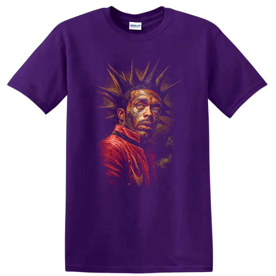 Mikhail Gorshenev punk rock portrait with spiked hair and vivid colors on a Purple T Shirt