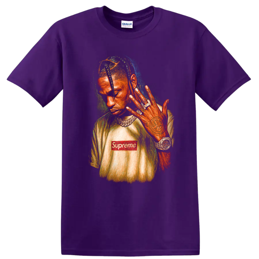 Travis Scott pop-art portrait with Supreme logo and colorful graphic style on a Purple T Shirt