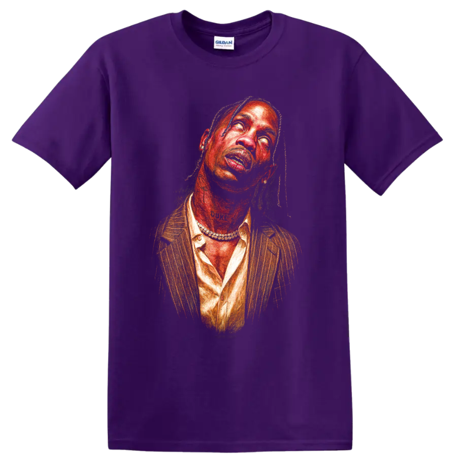 Travis Scott abstract portrait graphic art on a Purple T Shirt