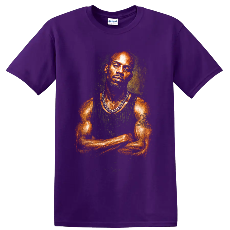 DMX pastel-style hip-hop portrait drawing with vivid colors on a Purple T Shirt