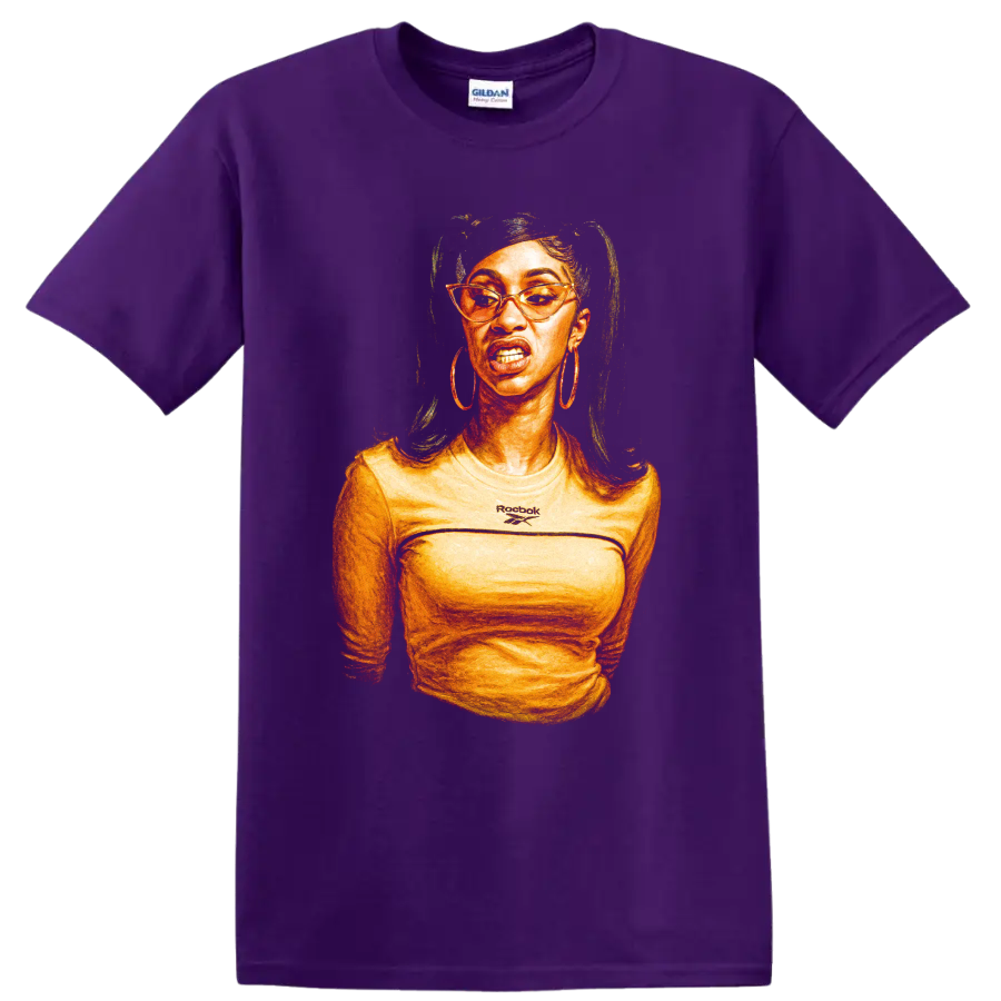 Cardi B stylized hip hop portrait with glasses and hoop earrings on a Purple T Shirt