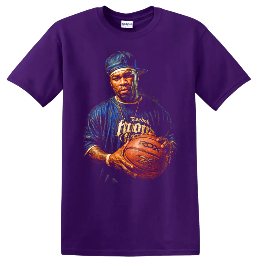 50 Cent hip-hop portrait holding a Reebok RDX basketball graphic on a Purple T Shirt
