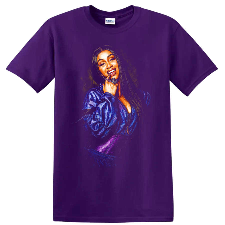 Cardi B pop art digital portrait with vibrant colors on a Purple T Shirt